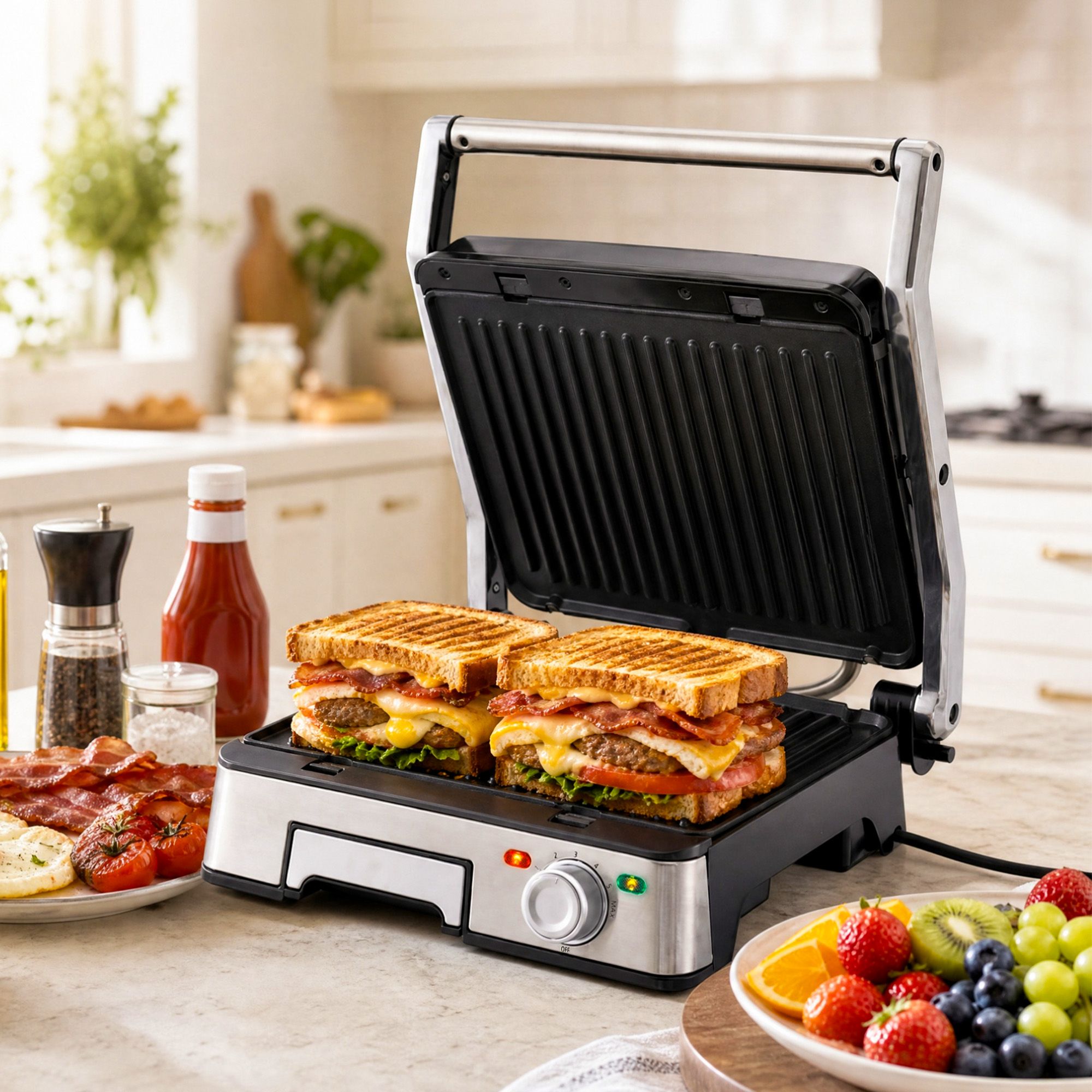 Devanti 2000W 3-in-1 Panini Press Grill Sandwich Maker 180Β° Open 4 Slice